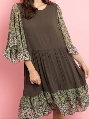 Olive Mixed-Print Tiered Midi Dress